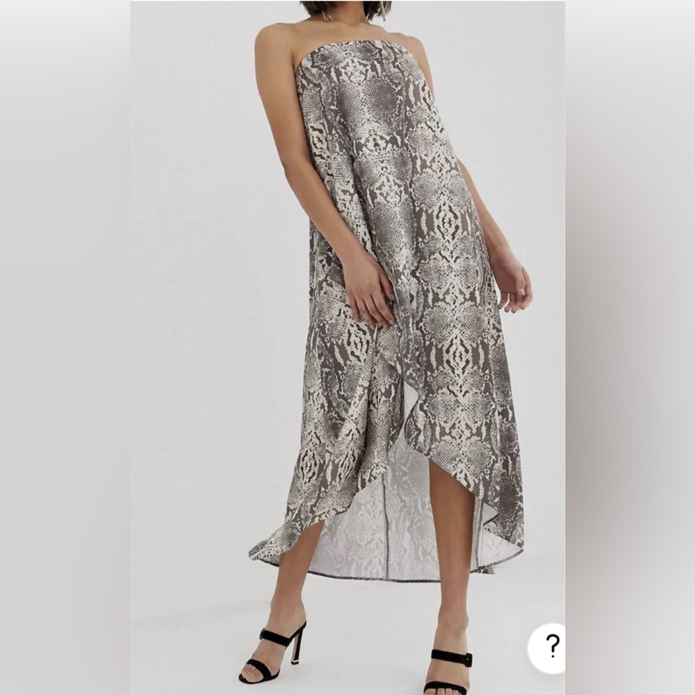 ASOS Snakeskin Strapless Asymmetrical Hem Midi Dress